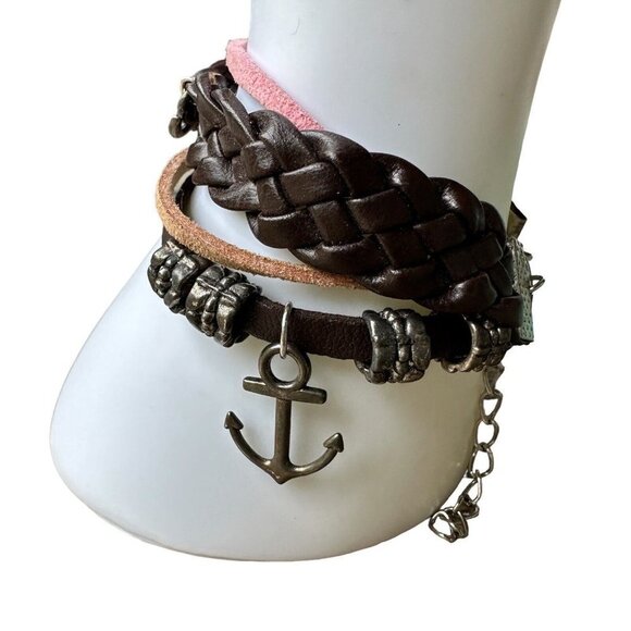 VTG Cuff Bracelet 8" Strap Brown Leather Love‎ Anchor Metal Braided - Picture 6 of 8